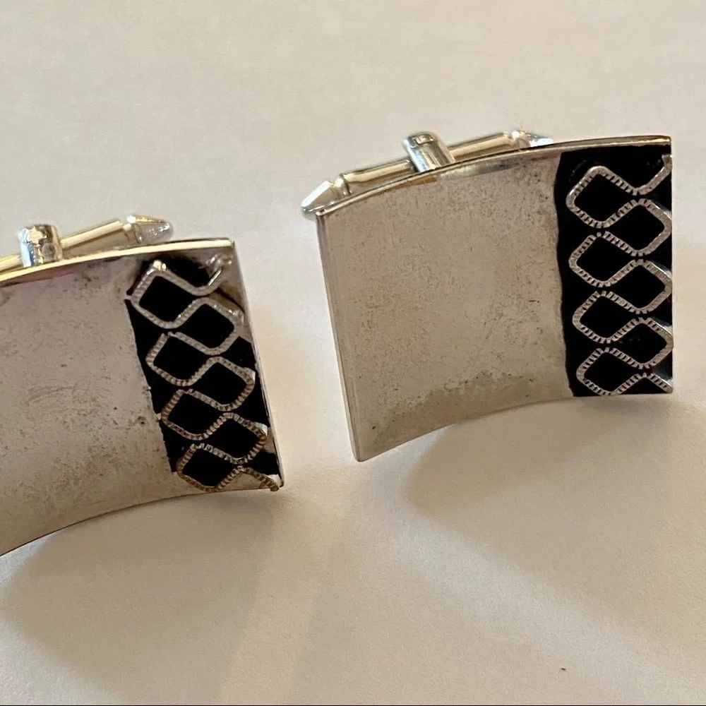 Vintage Silver and Black Enamel Curved Square Cufflinks